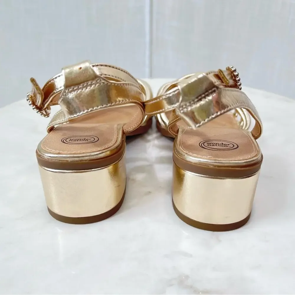 Wonder Nation NWT Strappy Gold Sandal Heels Heart Buckle Shoes Size 5